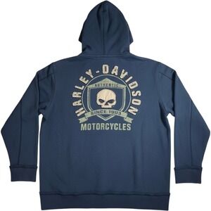 Harley Davidson Willie G Skull Full Zip Hoodie Mens 2XL Blue Distressed